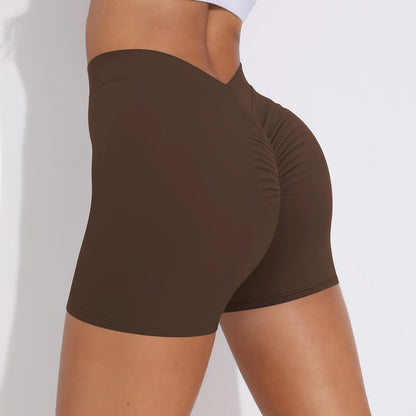Nahtlose Yoga-Shorts mit hohem Bund, braun, körpernah geschnitten, hinten