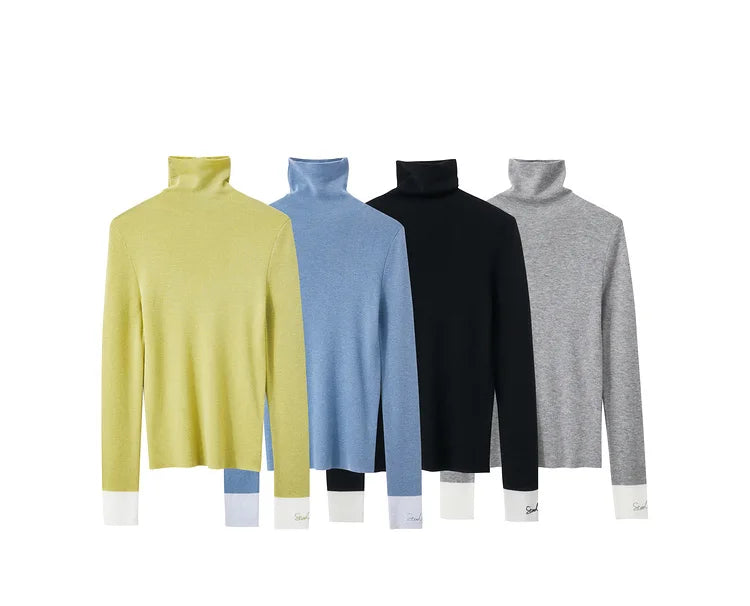 Damen-Rollkragenpullover Wolle Slim Patchwork-Splicing Herbst-Winter