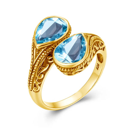 Damen-Ring tropfenförmiger Smaragd in Silber mit goldfarbener Beschichtung Ideal Als Hochzeits- oder Festgeschenk