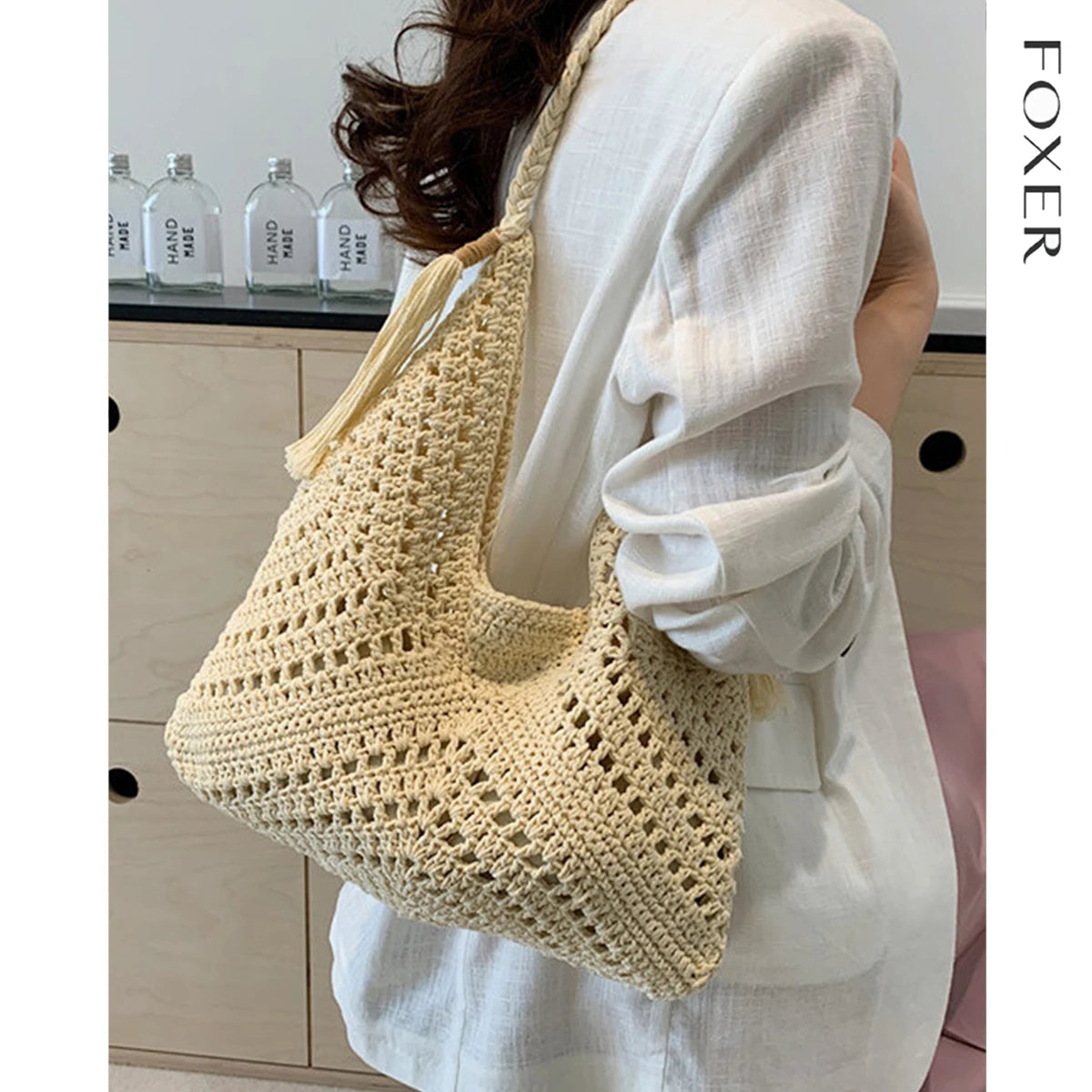 Damen Tote Bag Beach Woven Travel Shoulder Crossbody Purse