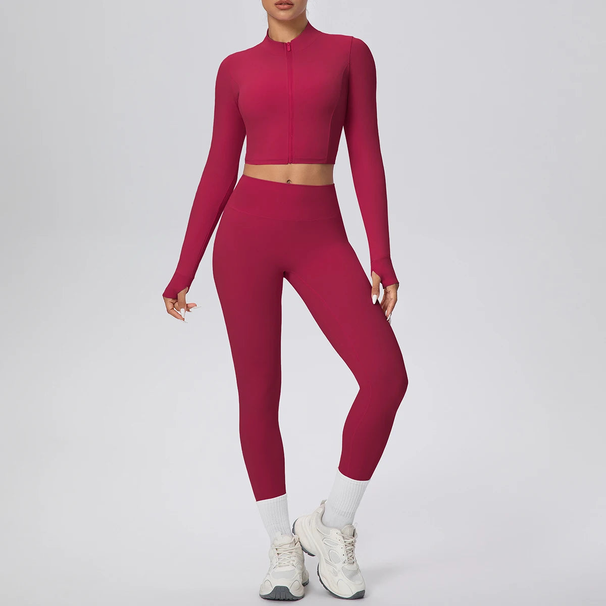 Bordeauxrotes Damen-Yogaset mit Reißverschluss-Sportshirt und Leggings, Vorderansicht