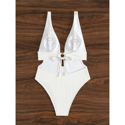 Damen Badeanzug tiefer V-Ausschnitt Cut-Out Monokini hoher Beinausschnitt 8 Farben