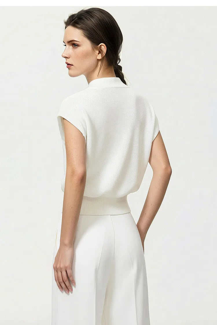 Damen-Crop-Strickpullover mit Stehkragen und kurzen Ärmeln, Rückansicht, hell