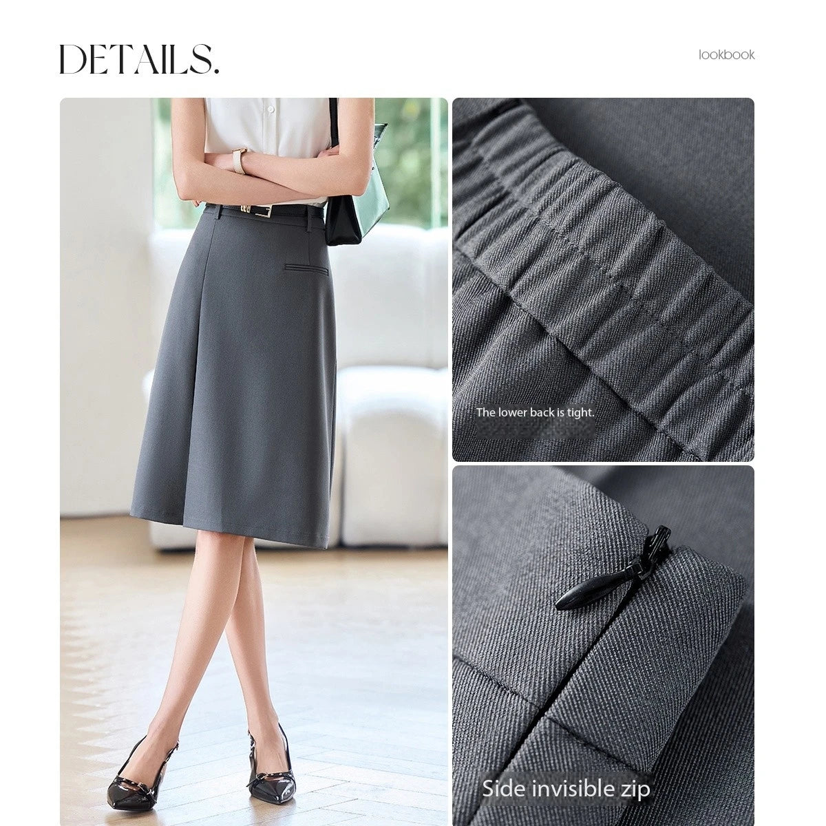 Damen Rock in Grau mit hohen Taille und Falten im Büro-Stil