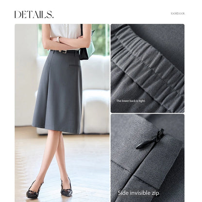 Damen Rock in Grau mit hohen Taille und Falten im Büro-Stil