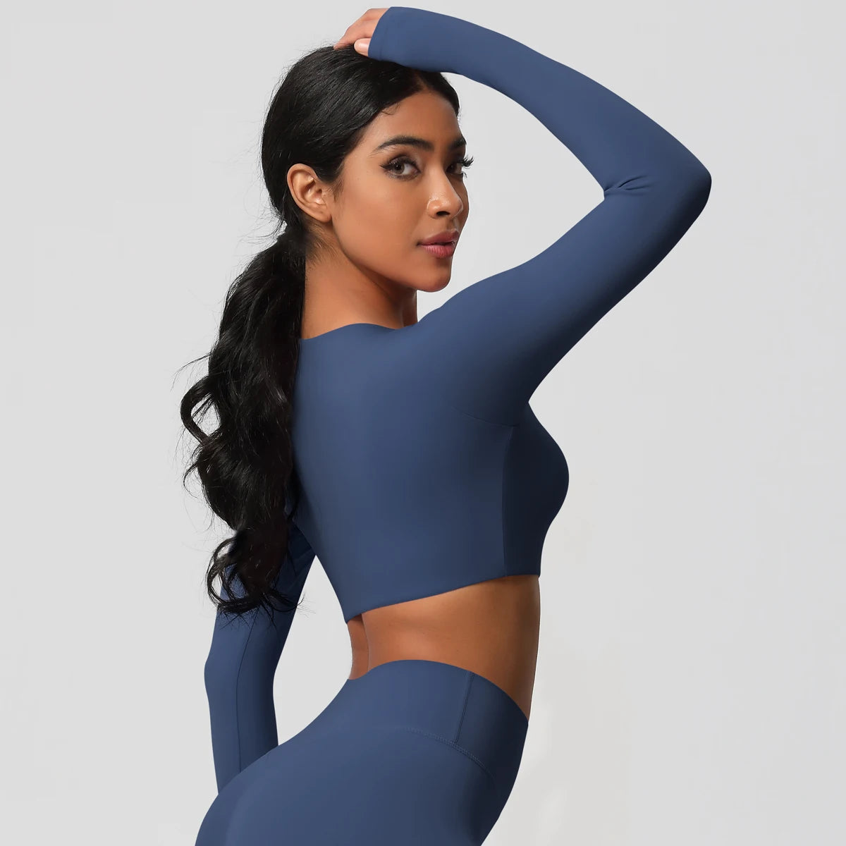Sport-Top für Damen, langarm, eng anliegend, dunkelblau, Rundhals