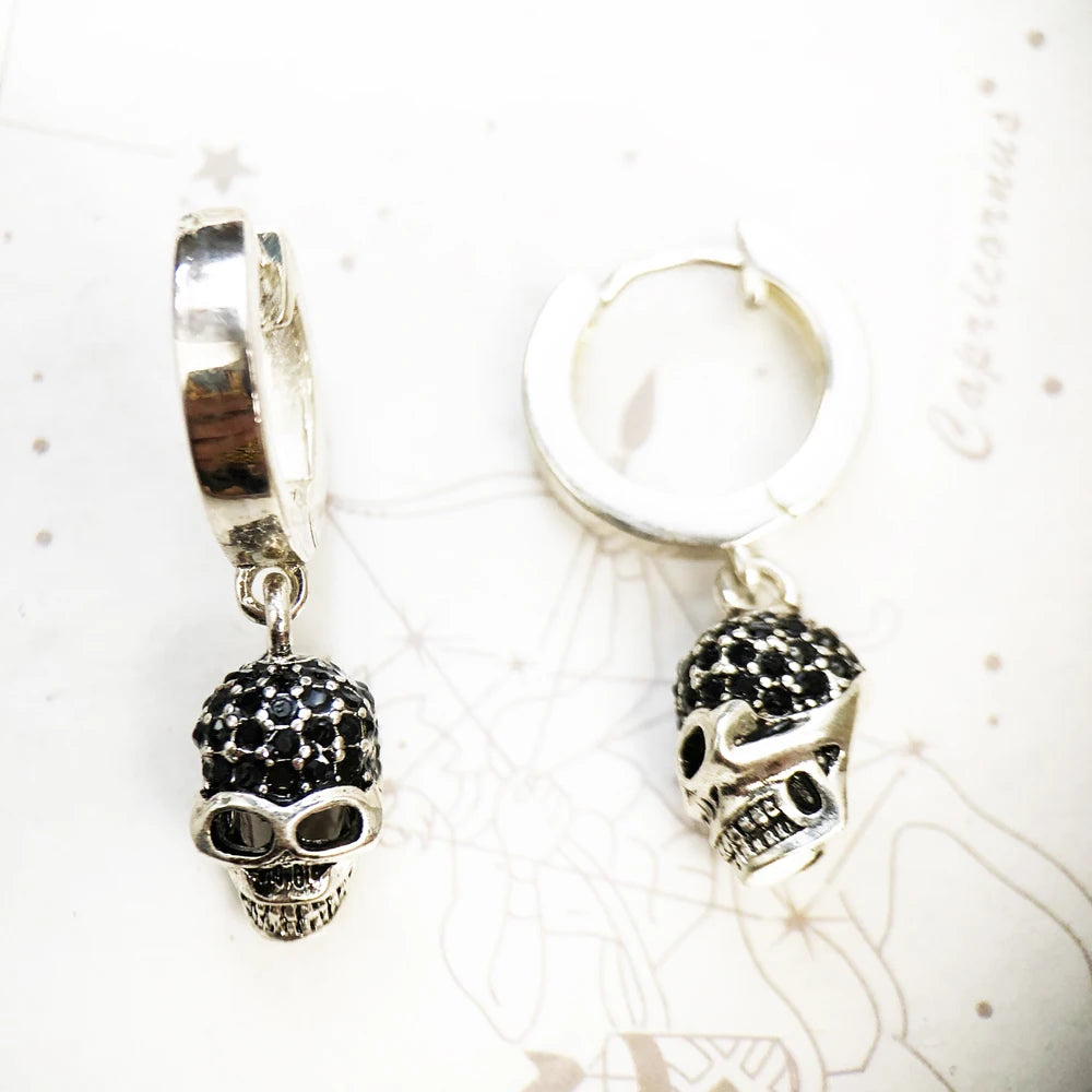 Damen-Creolen Totenkopf Schwarz Vintage 925 Sterlingsilber