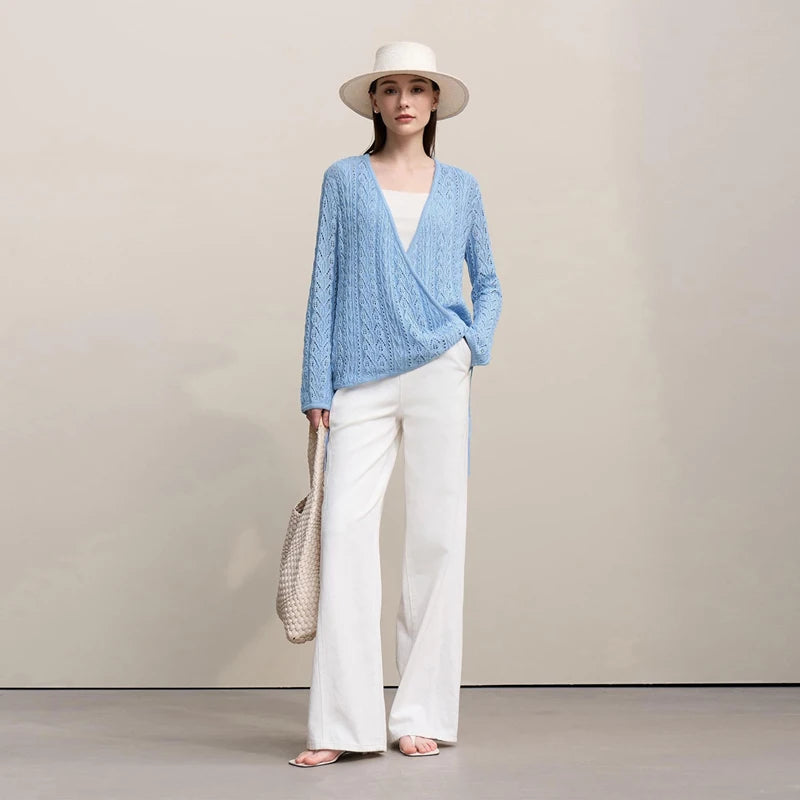 Damen-Strickjacke V-Ausschnitt Wolle Hohlstrick locker Langarm Frühling