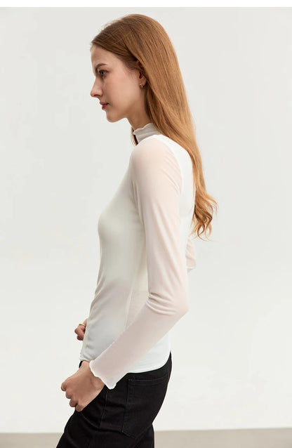 Damen T-Shirt aus gedrucktem Mesh mit slim-fit Halb Stehkragen