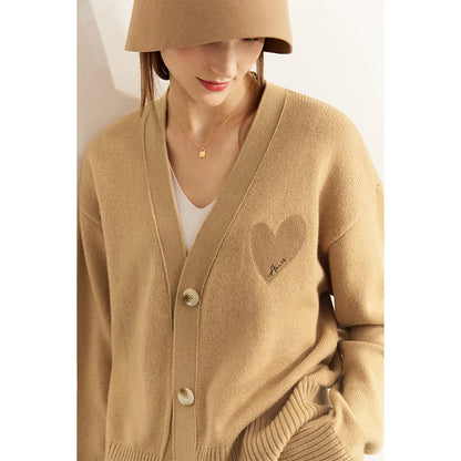 Damen-Strickjacke V-Ausschnitt Wollstickerei locker romantisch Winter