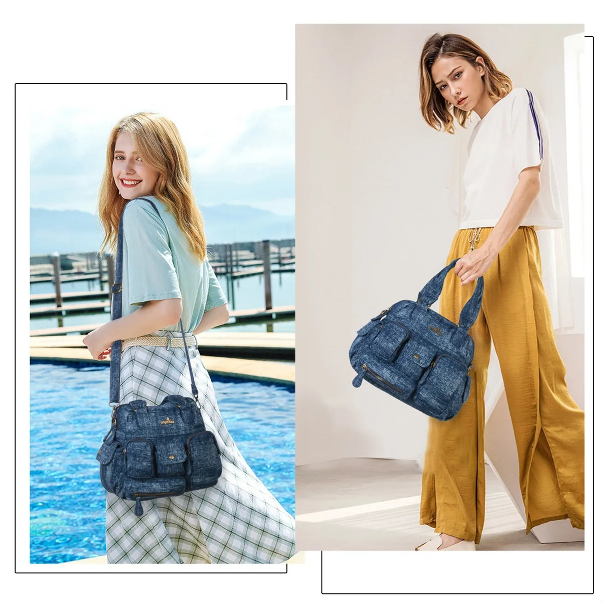 Damen-Umhängetasche Denim mit Mehrfachfächern Handyfach für Alltag Freizeit Denim-Look