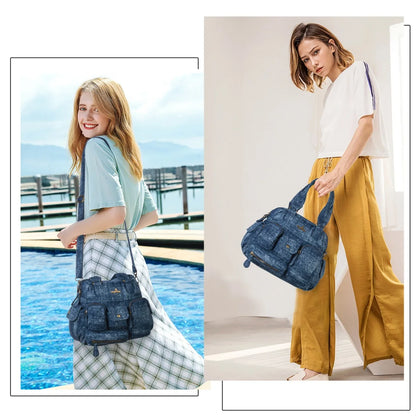 Damen-Umhängetasche Denim mit Mehrfachfächern Handyfach für Alltag Freizeit Denim-Look