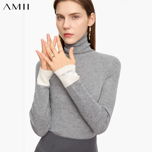 Damen-Rollkragenpullover aus Wolle, graumeliert mit Patchwork-Ärmelsaum