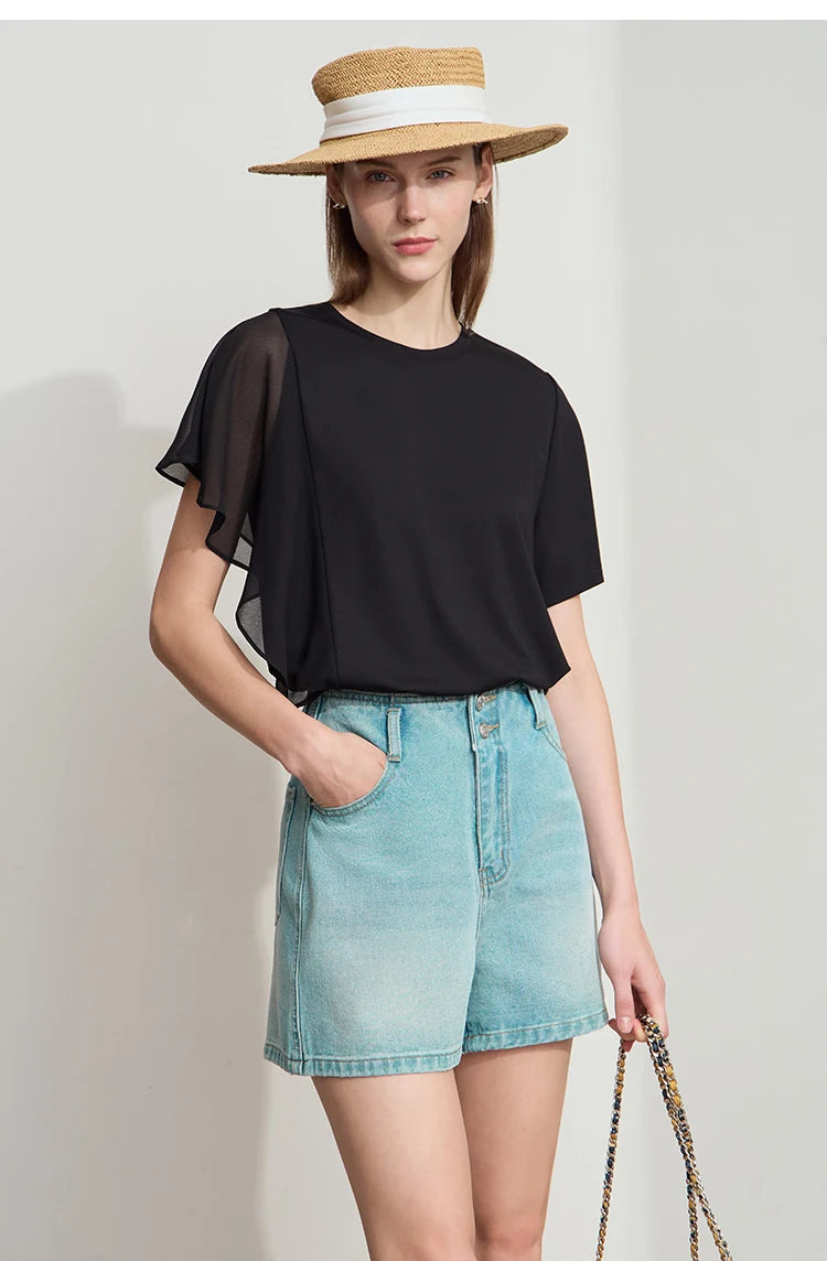 Damen Sommer-T-Shirt mit kurzen Schmetterlingsärmeln und Rundhalsausschnitt