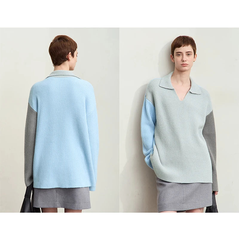 Damen V-Ausschnitt Pullover Patchwork Raglan locker Herbst-Winter