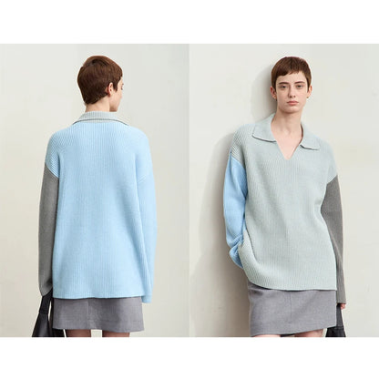 Damen V-Ausschnitt Pullover Patchwork Raglan locker Herbst-Winter