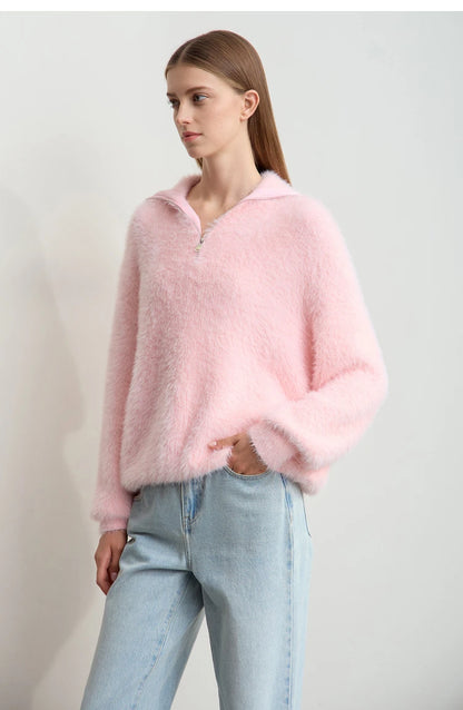 Damen-Rollkragenpullover Nerz-Imitat Reißverschluss locker dick Winter