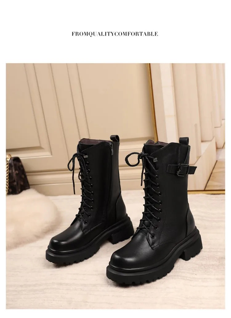 AIYUQI Women Boots Large Size Genuine Leather Thick Wool Warm Winter Biker Boots Women British Style Women Snow Boots