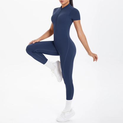 Kurzarm-Bodysuit mit Rücken-Ausschnitt, dunkles Marineblau, Zip am Hals, figurbetont