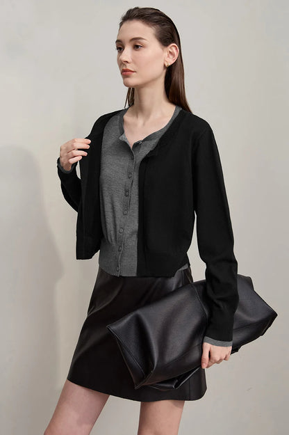 Damen-Strickjacke Patchwork sanft locker Langarm vielseitig Herbst
