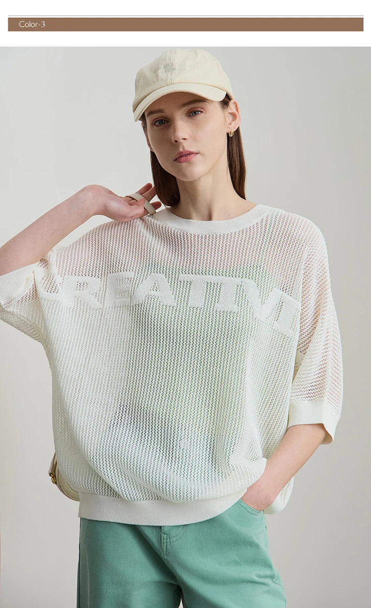 Damen-Strickpullover mit Rundhalsausschnitt, halben Ärmeln und Lochmuster, creme