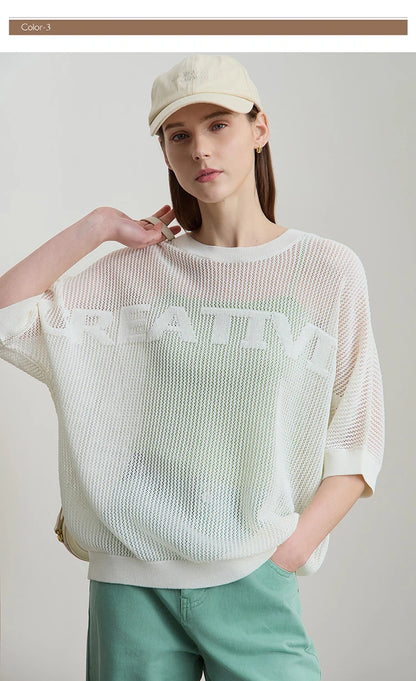 Damen-Strickpullover mit Rundhalsausschnitt, halben Ärmeln und Lochmuster, creme