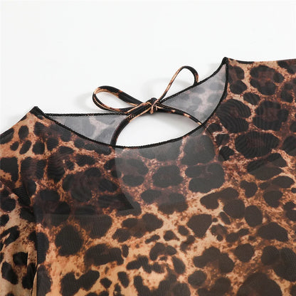 Damen Badeanzug Leopardenmuster Rock Langarm Einteiler hoher Beinausschnitt