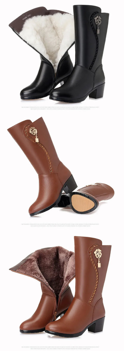 AIYUQI 2025 New Genuine Leather Women Wool Boots Thick Warm Winter Snow Boots Large Size 41 42 43 Motorcycle Boots Women