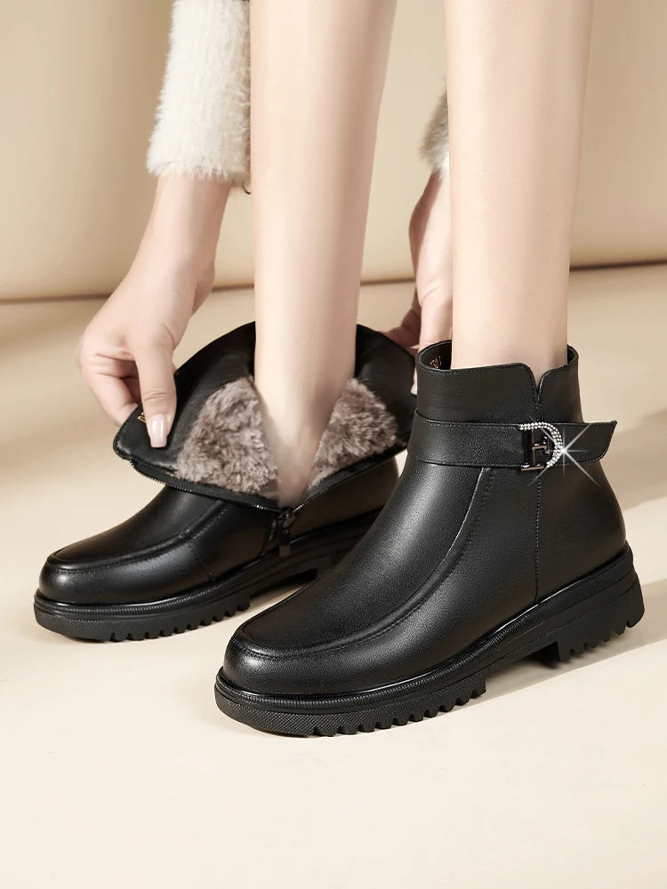 Damen Schneestiefel aus echtem Leder mit rutschfester Sohle und Wolle