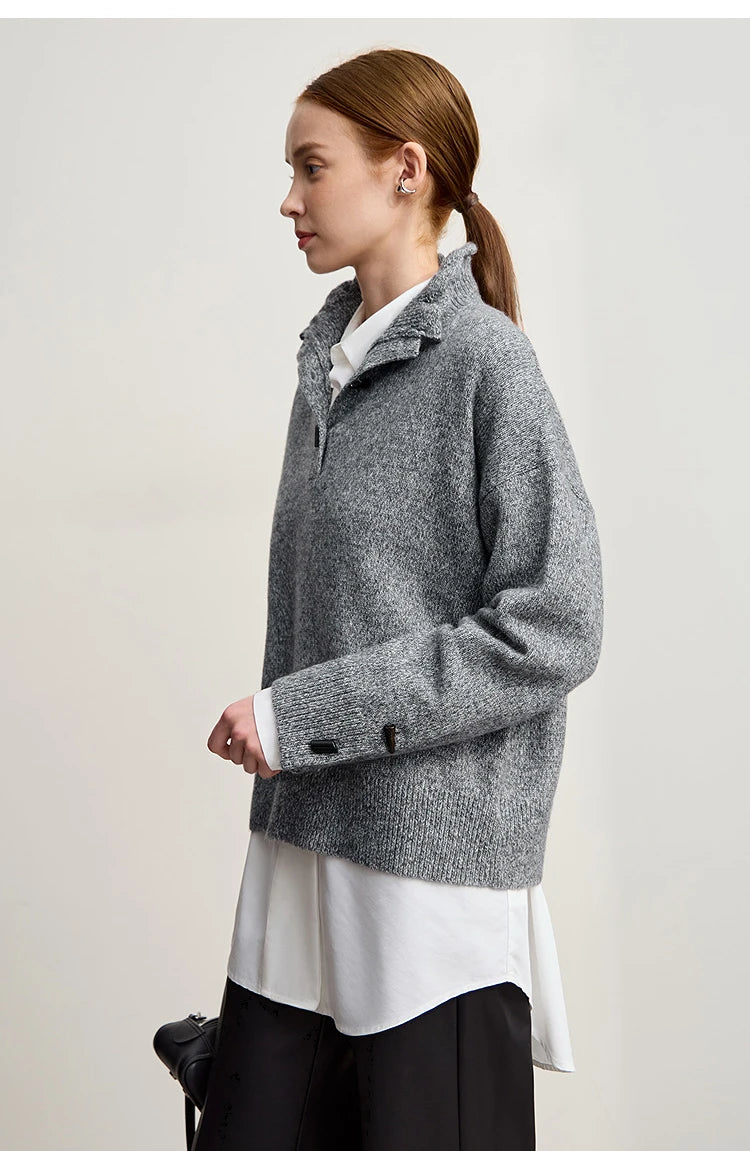 Damen-Rollkragenpullover locker Knopf Raglanärmel Winter