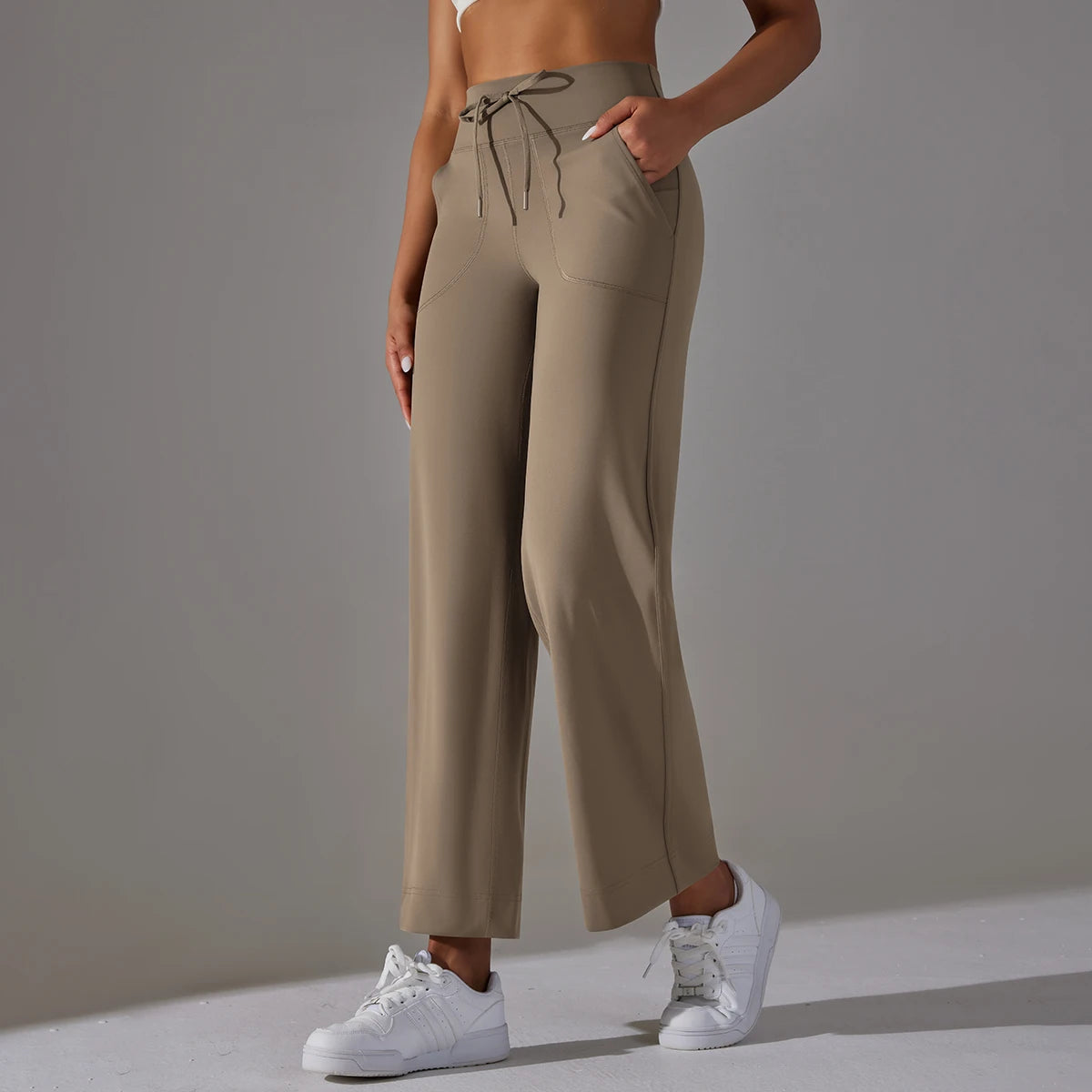 Damen-Leggings mit weitem Bein, hoher Taille und Taschen, hellbeige (Cocoa)
