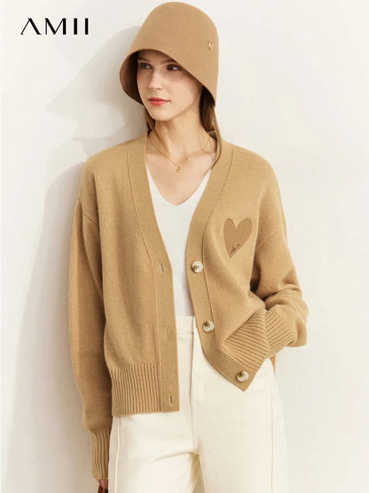 Damen-Strickjacke V-Ausschnitt Wollstickerei locker romantisch Winter