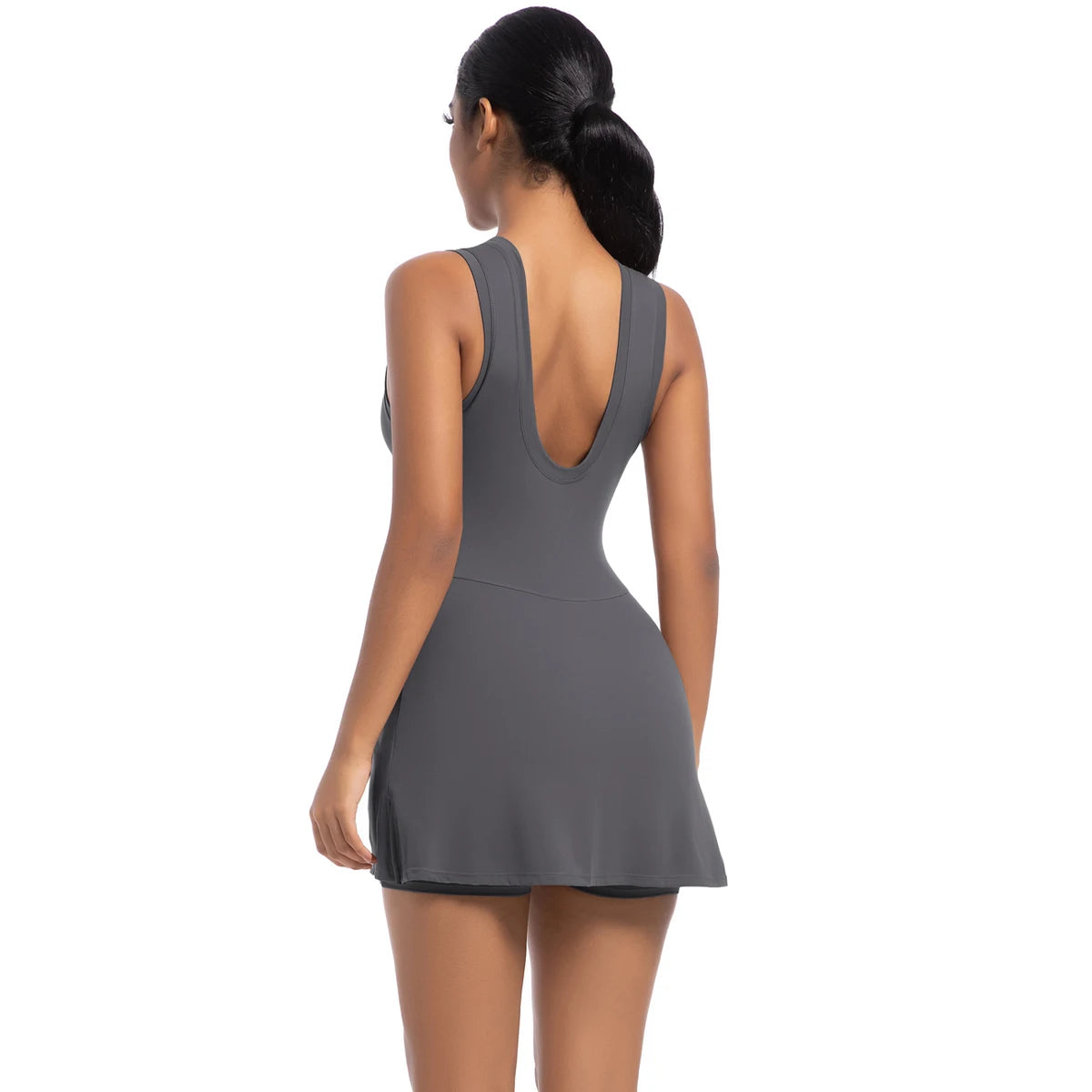 Silbergraues ärmelloses Sommerkleid, Racerback mit offenem Rücken