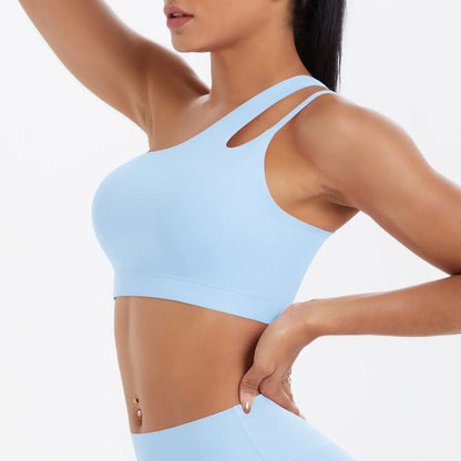 Yoga-Set Damen: hellblaues Sport-Top mit Rücken-Ausschnitt und Leggings