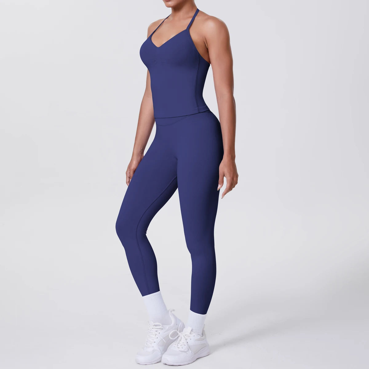 Dunkelblaues Damen-Yoga-Set: rückenfreies Träger-Top und Leggings