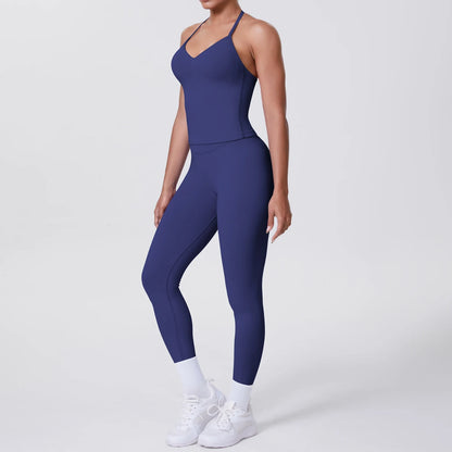 Dunkelblaues Damen-Yoga-Set: rückenfreies Träger-Top und Leggings