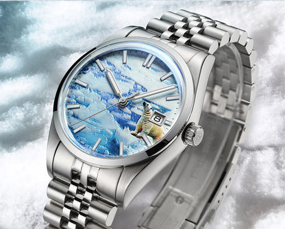 Herren-Automatikuhr mit 3D-Gletscher-Zifferblatt und Bubble-Glas