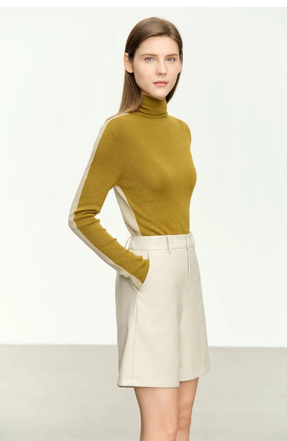 Damen-Rollkragenpullover Wolle-Mix Patchwork schlank Winter