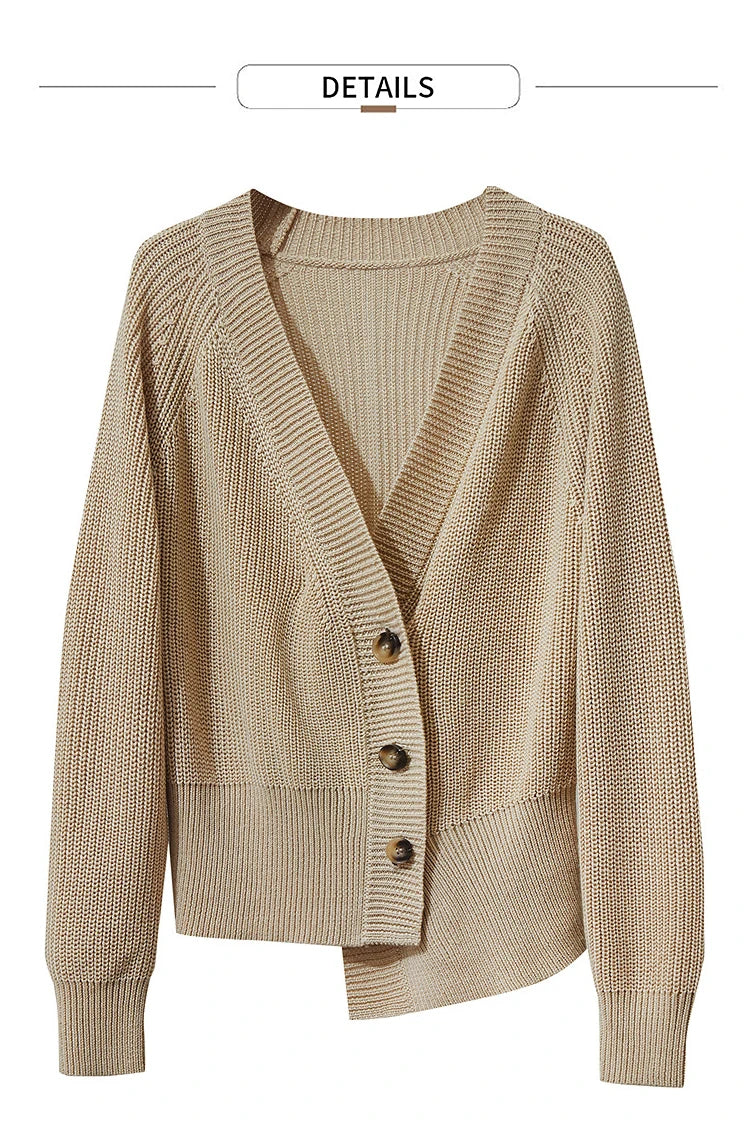 Damen-Strickjacke V-Ausschnitt Raglan asymmetrisch französisch locker Herbst