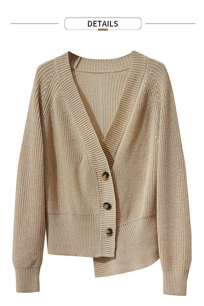 Damen-Strickjacke V-Ausschnitt Raglan asymmetrisch französisch locker Herbst