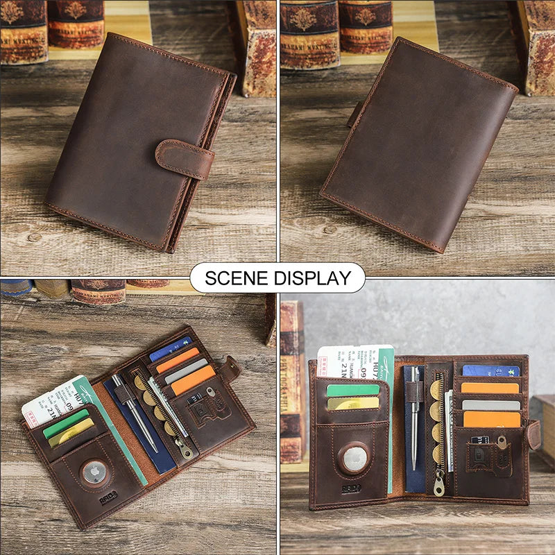Reisepass-Brieftasche aus Leder mit Druckknopf-Riemen, schlichtes braunes Design