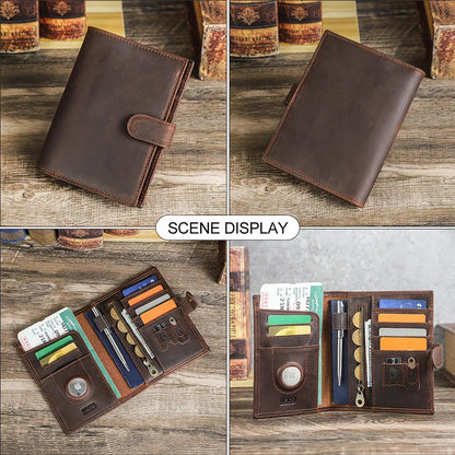 Reisepass-Brieftasche aus Leder mit Druckknopf-Riemen, schlichtes braunes Design