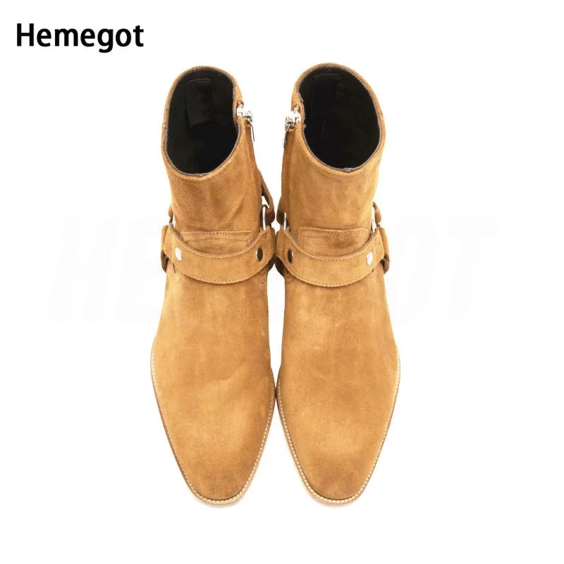 Herren-Chelsea-Boots, camelfarbenes Wildleder, seitlicher Reißverschluss, spitze Zehenform
