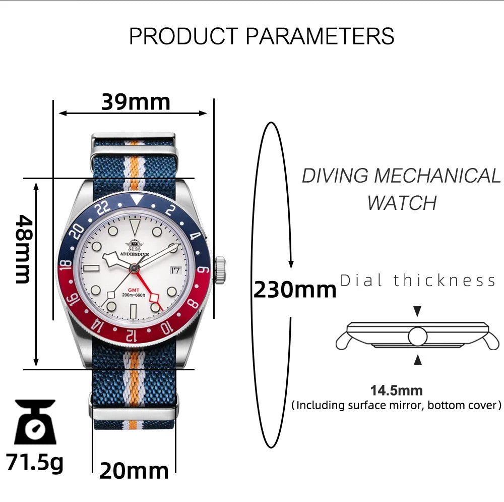 ADDIESDIVE TOP Men's Watches 20Bar Diving BGW9 Super Luminous AD2044 Swiss Ronda 515-24H GMT Watch Quartz Watch