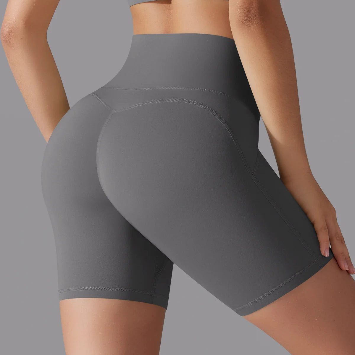 Yoga-Shorts mit hoher Taille, figurbetont, dunkelgrau/anthrazit, mittellang mit Gesäß-Naht