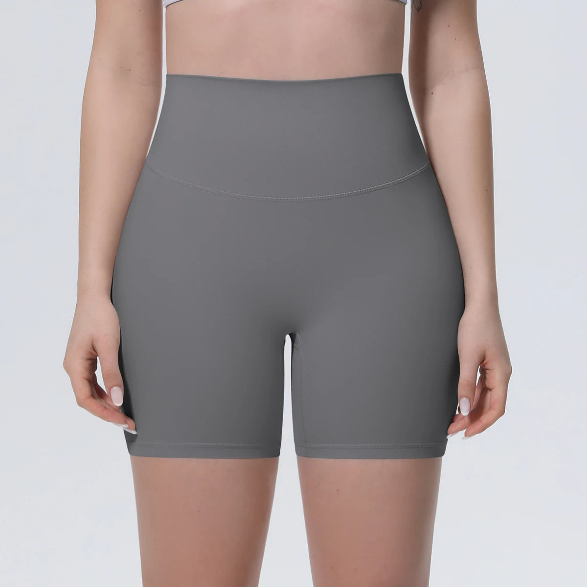Graue Yogashorts für Damen mit breitem Bund, schnelltrocknend und bequem