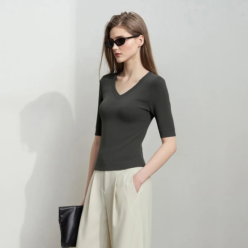 Damen V-Ausschnitt Pullover Viskose Halbarm Slim Büro Sommer