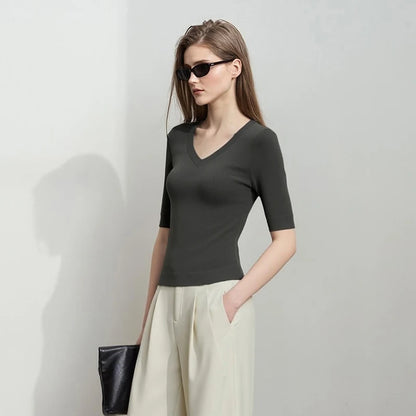 Damen V-Ausschnitt Pullover Viskose Halbarm Slim Büro Sommer