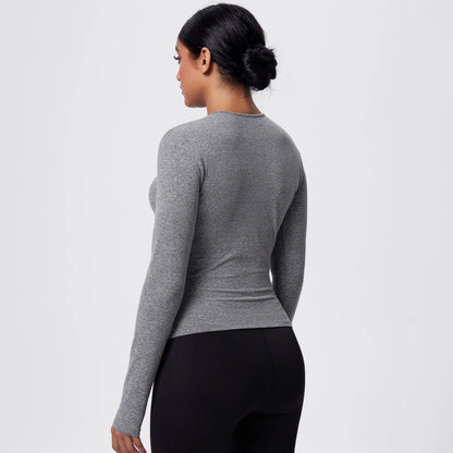 Damen-Langarmshirt für Yoga, grau meliert, Seitenansicht, lange Ärmel