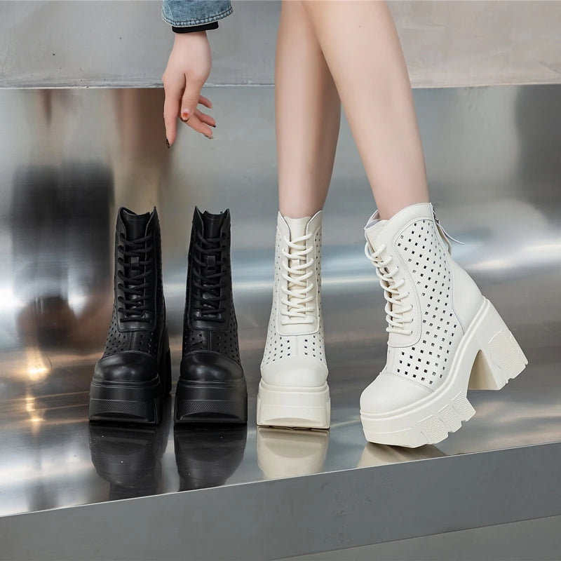 AIYUQI Frauen Sommer Stiefel High Heel 2025 Neue Echtes Leder Mesh Stiefel Frauen 11 cm Höhe Coole Stiefel frauen